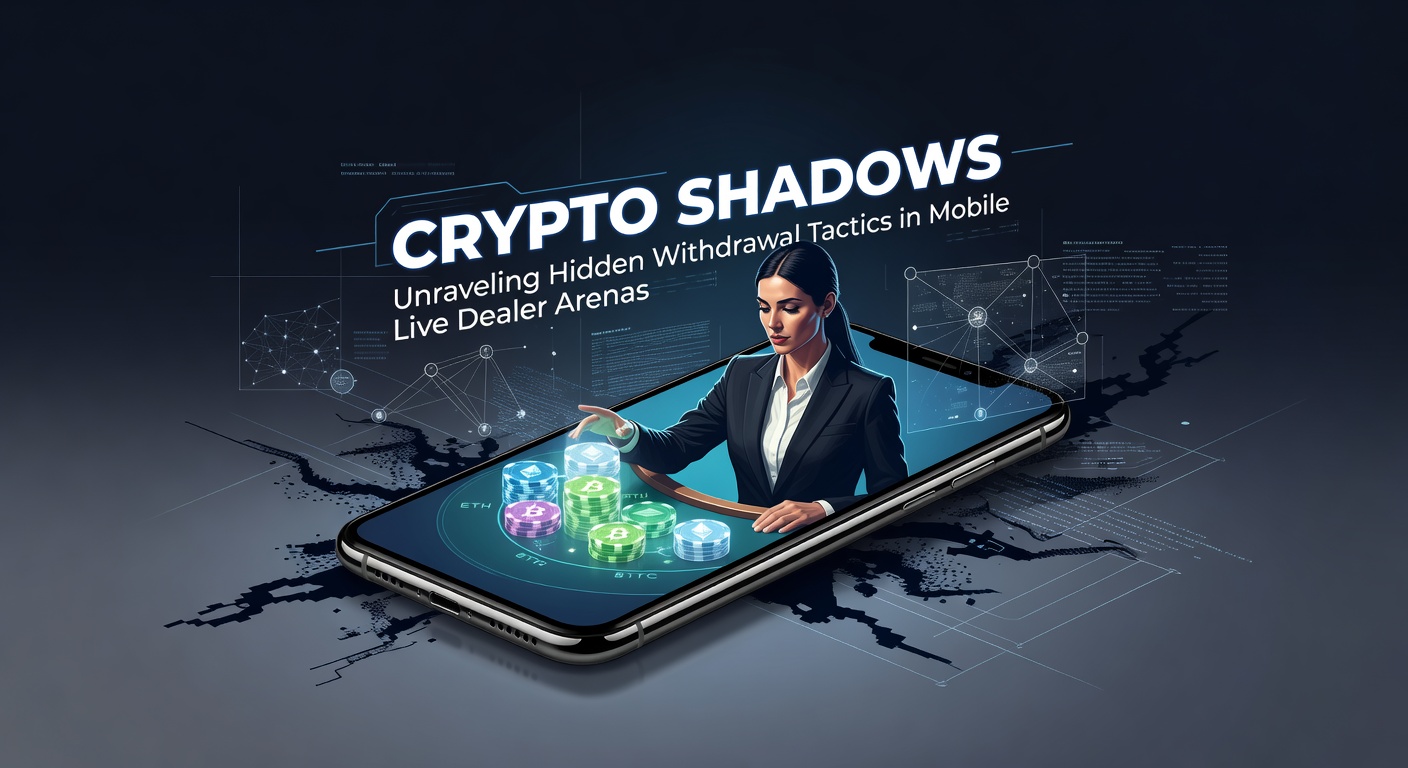 A shadowy figure navigating a mobile screen displaying live dealer blackjack with crypto wallet icons flickering in the background, symbolizing elusive withdrawal paths