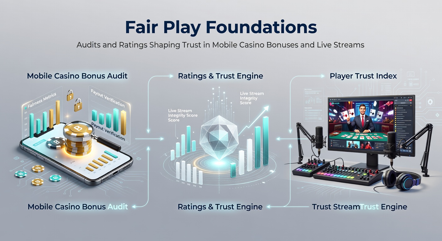 Digital dashboard displaying audit seals and rating stars for a mobile casino app, highlighting trust indicators amid bonus offers and live dealer streams