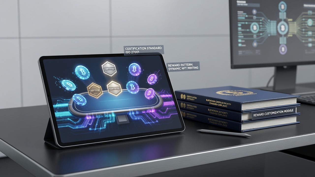 Blockchain-powered table game interface displayed on a portable device with certification badges visible
