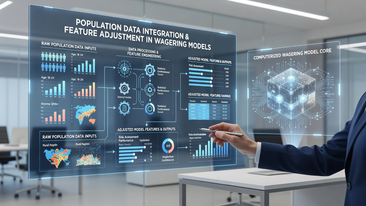 Data analysts reviewing population heat maps and adjusting parameters within wagering simulation dashboards