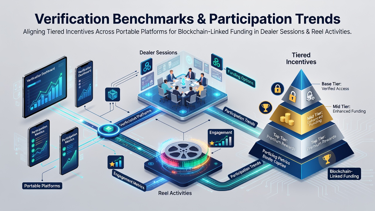 Portable device displaying verification benchmarks alongside tiered incentive structures for blockchain-funded dealer and reel games