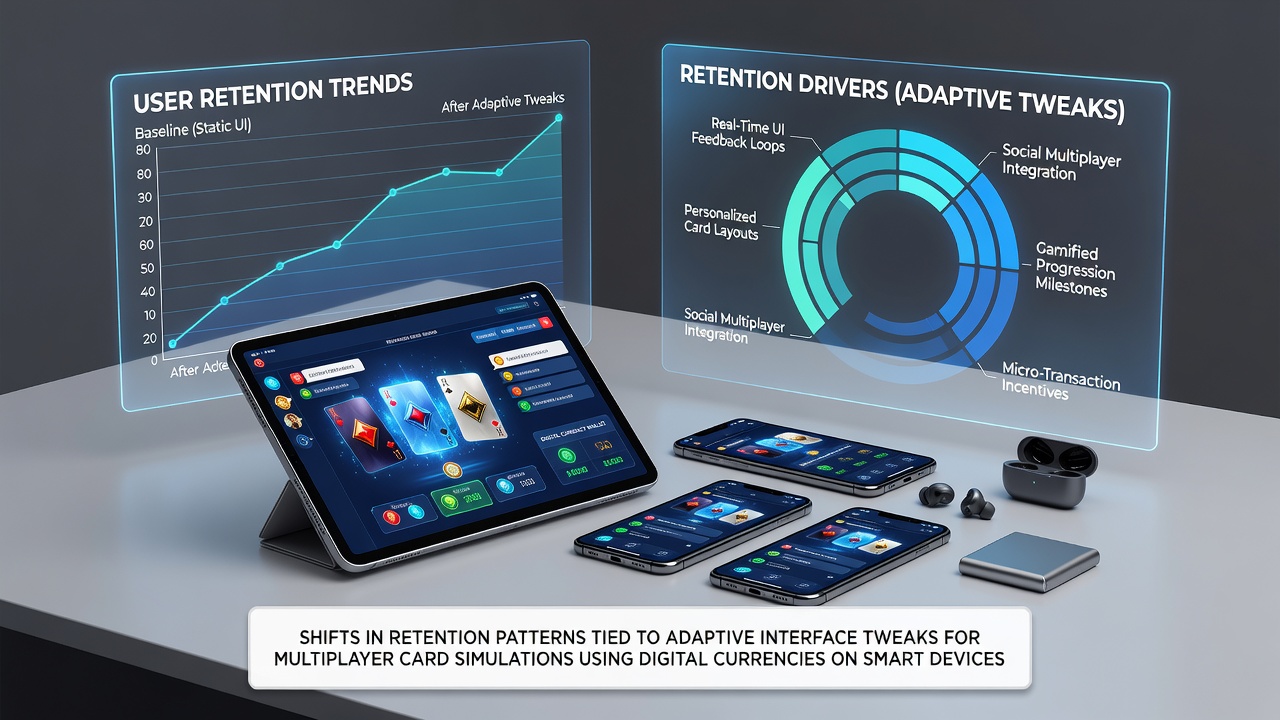 Smartphone screen showing adaptive card game interface with digital currency elements and multiplayer features